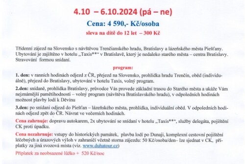 Třídenní poznávací zájezd – Slovensko – Bratislava – Trenčín – Piešťany v termínu 4.10. – 6.10.2024