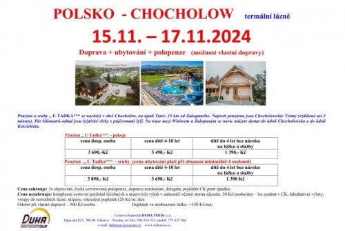 15.11. – 17.11.2024  Polsko – termální lázně Chocholow